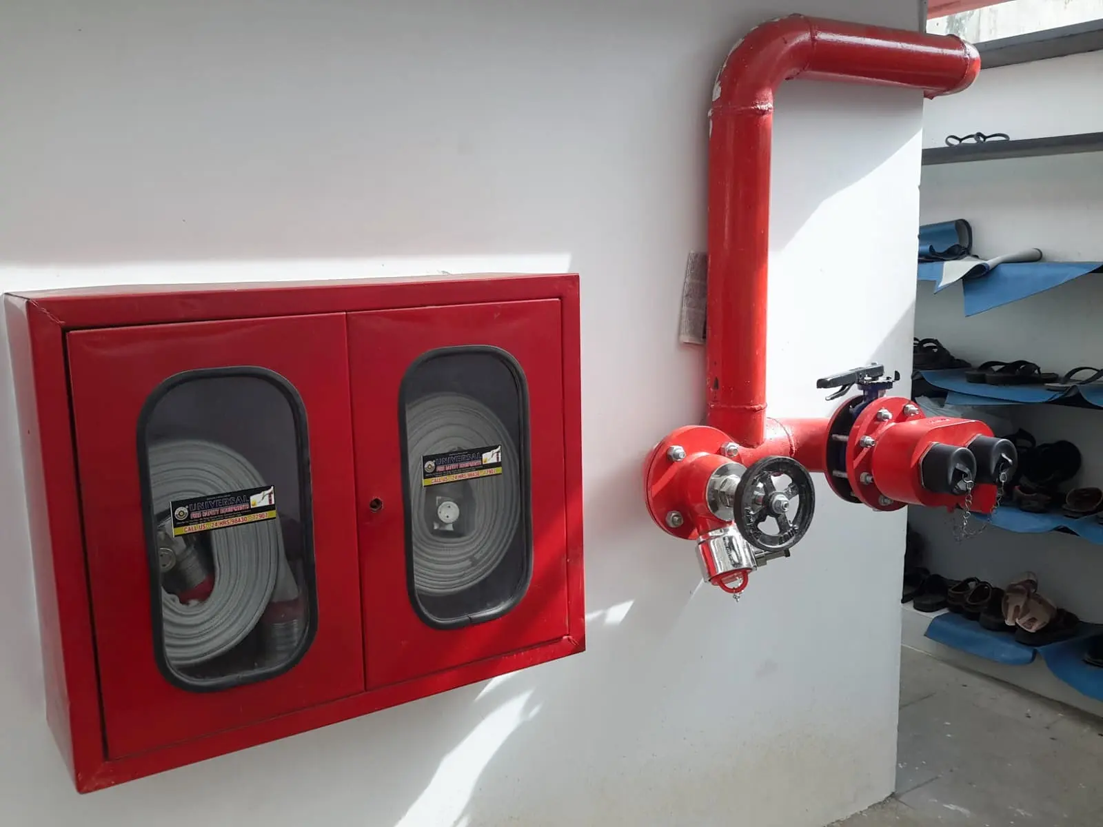 Double hose cabinet and landing valve, installed and labelled