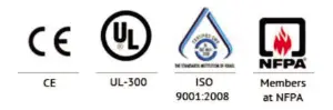 Certification marks: CE, UL, ISO and NFPA